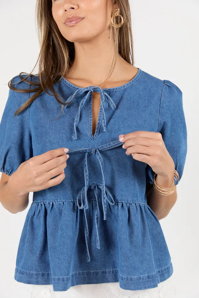 Hit The Backroads Medium Wash Denim Tie Front Short Sleeve Blouse sold by Pink Lily product image thumbnail 2