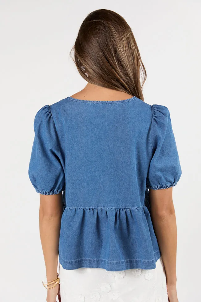 Hit The Backroads Medium Wash Denim Tie Front Short Sleeve Blouse sold by Pink Lily product image thumbnail 5