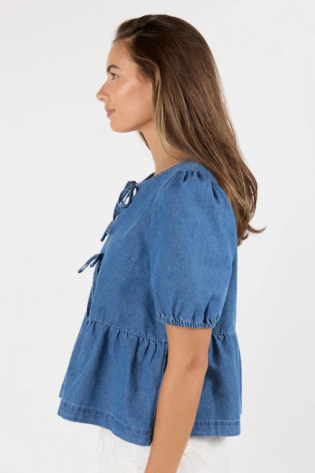 Hit The Backroads Medium Wash Denim Tie Front Short Sleeve Blouse sold by Pink Lily product image thumbnail 4