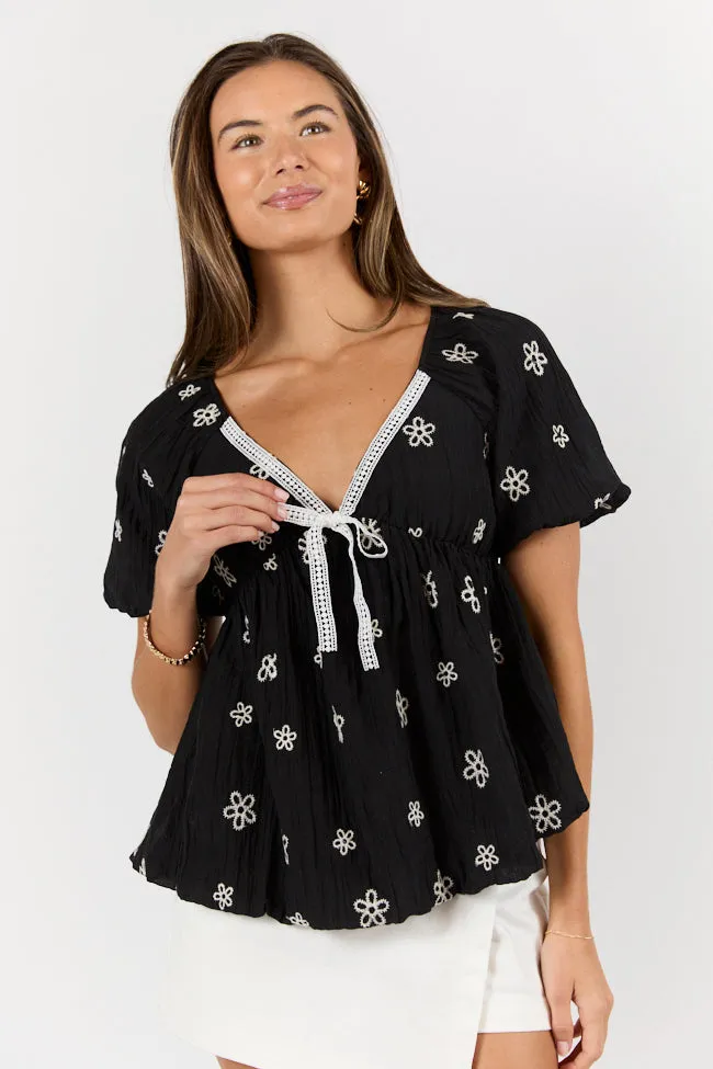 Lovely Thoughts Black Embroidered Floral Bubble Hem Blouse FINAL SALE sold by Pink Lily product image thumbnail 4