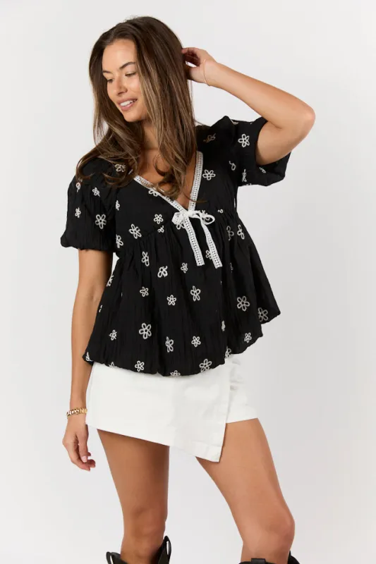 Lovely Thoughts Black Embroidered Floral Bubble Hem Blouse FINAL SALE made by Pink Lily