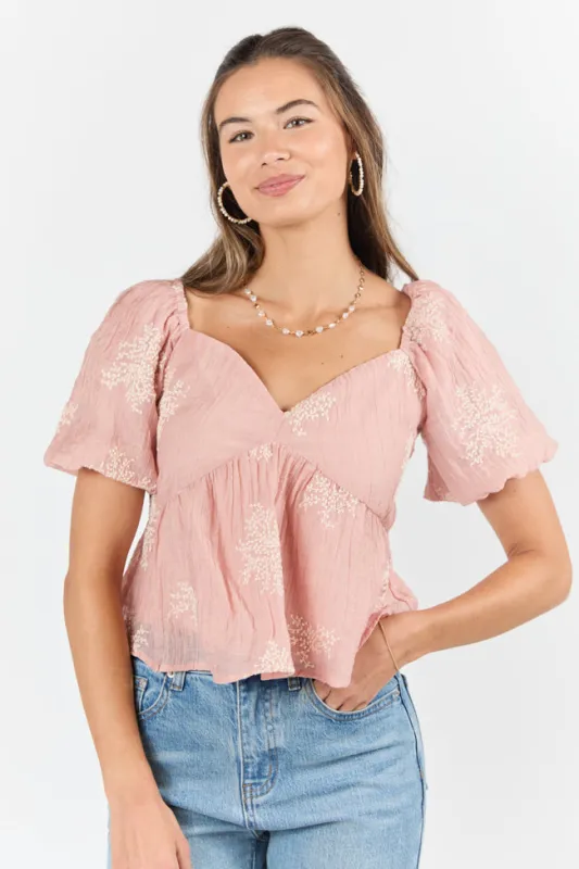 Free To Be Me Pink Embroidered Short Sleeve Blouse FINAL SALE sold by Pink Lily