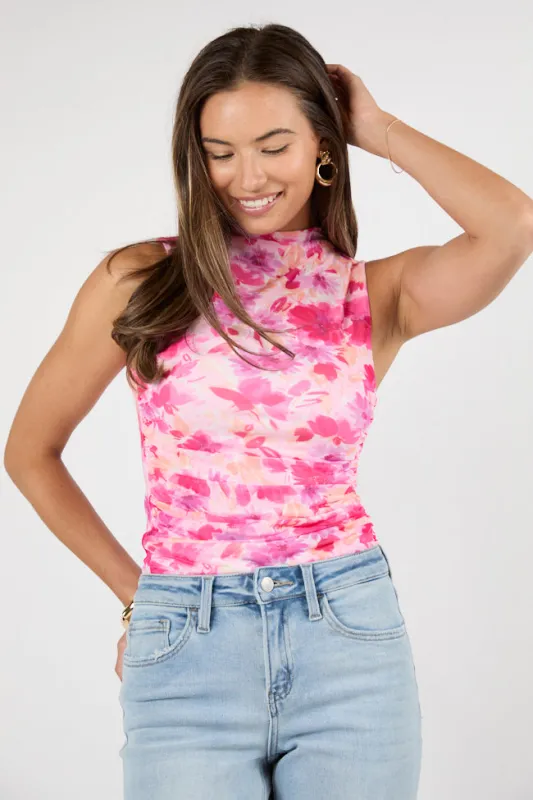 Out Of Bloom Pink Multi Floral Ruched Mock Neck Knit Tank sold by Pink Lily