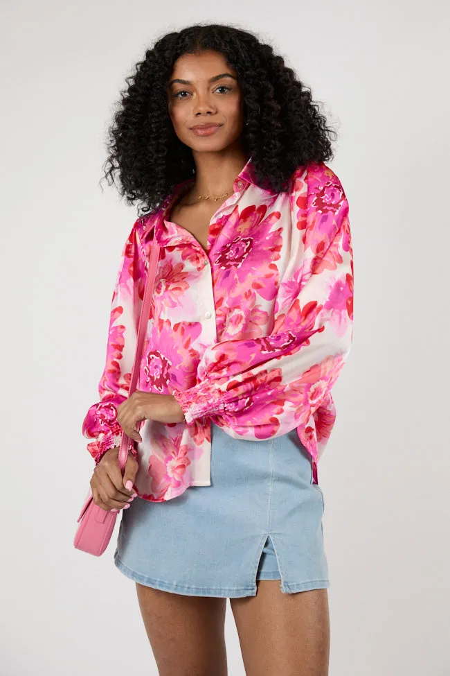 I've Been Waiting Rose Floral Satin Button Down Blouse FINAL SALE sold by Pink Lily