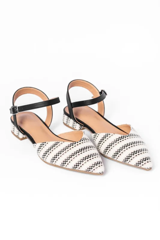 Blake Black and White Raffia Ankle Strap Flats FINAL SALE sold by Pink Lily