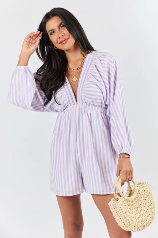 New Adventures Lilac Striped V-neck Romper FINAL SALE sold by Pink Lily