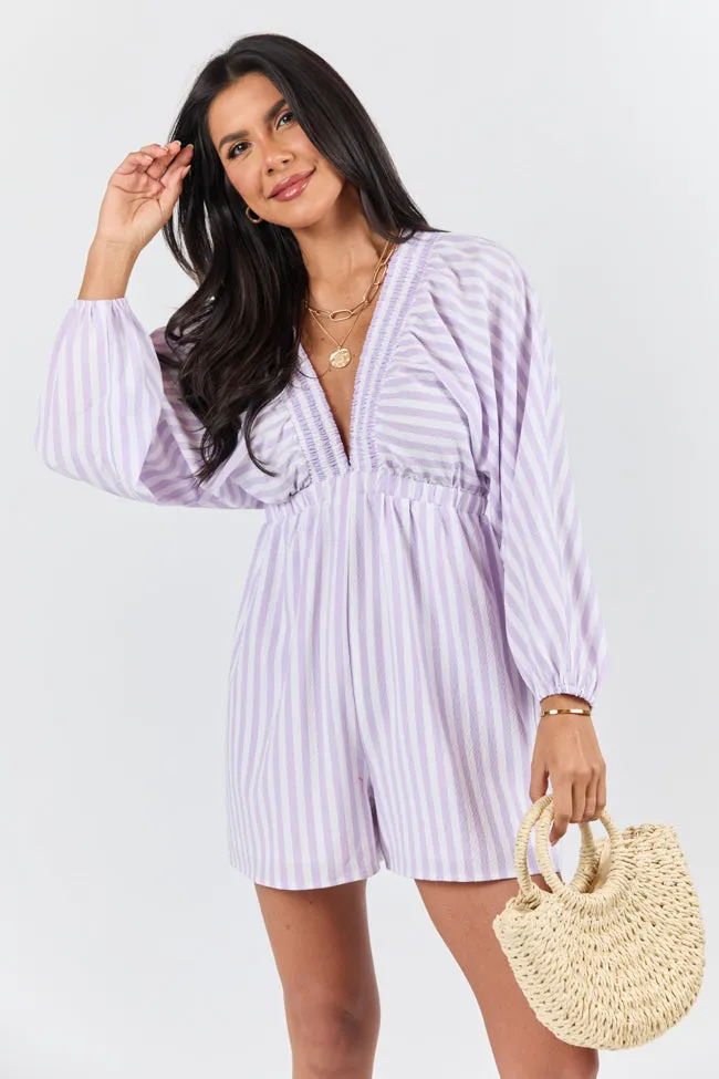 New Adventures Lilac Striped V-neck Romper FINAL SALE sold by Pink Lily