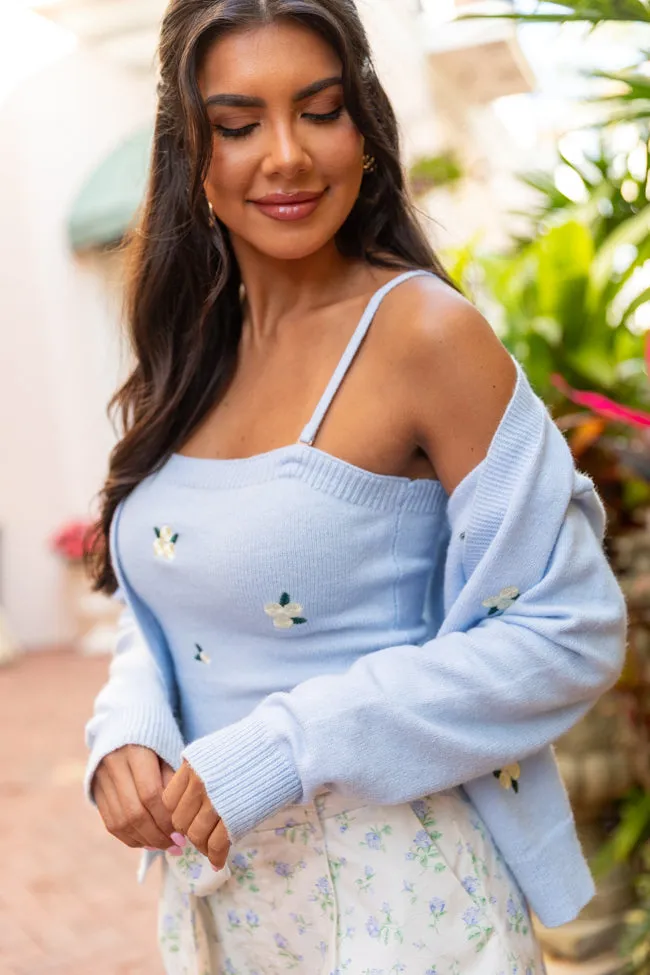 Well Wishes Blue Floral Embroidered Cardigan And Sweater Tank Set sold by Pink Lily product image thumbnail 2