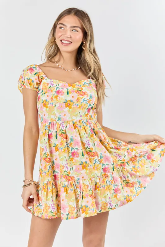Dream Of Me Multi Floral Bubble Sleeve Mini Dress SALE sold by Pink Lily