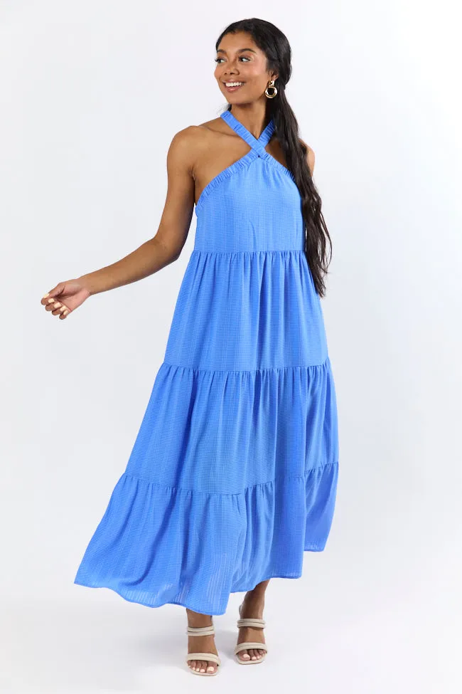 No More Blues Halter Neck Maxi Dress sold by Pink Lily