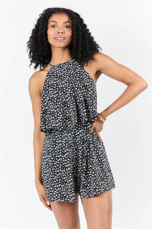 Spotlight Moment Black and White Daisy Print Halter Neck Romper FINAL SALE sold by Pink Lily