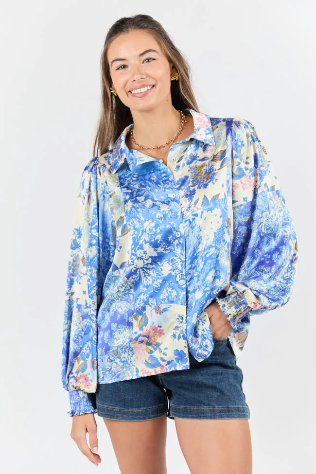 I've Been Waiting Blue Floral Patch Print Satin Button Down Blouse FINAL SALE sold by Pink Lily product image thumbnail 2
