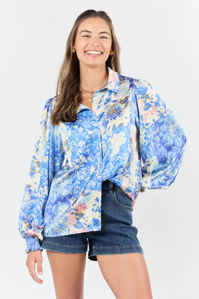 I've Been Waiting Blue Floral Patch Print Satin Button Down Blouse FINAL SALE sold by Pink Lily product image thumbnail 3