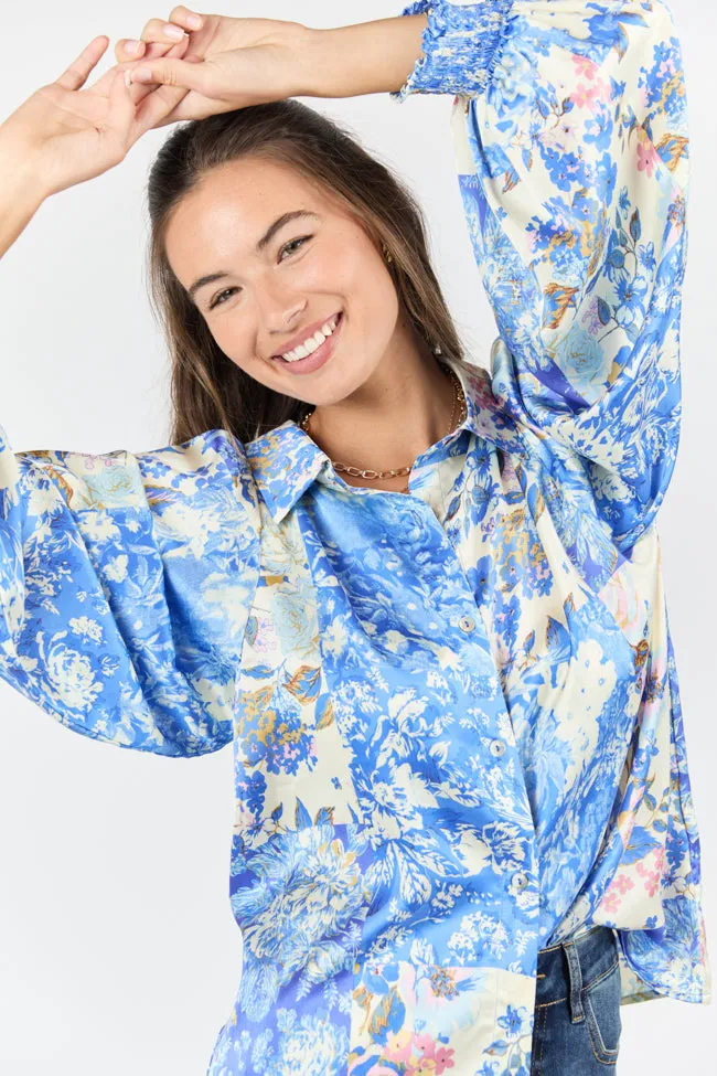 I've Been Waiting Blue Floral Patch Print Satin Button Down Blouse FINAL SALE sold by Pink Lily