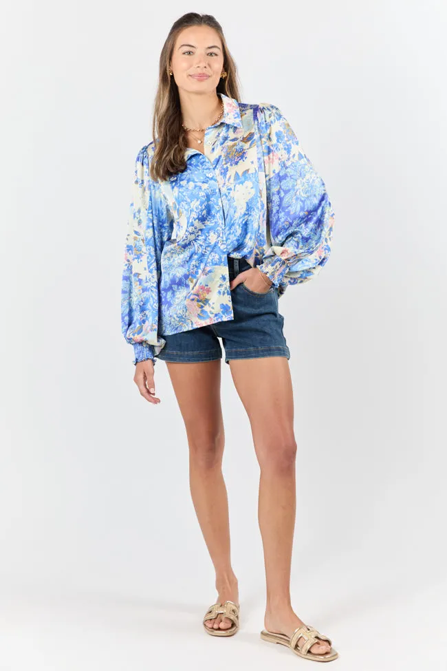 I've Been Waiting Blue Floral Patch Print Satin Button Down Blouse FINAL SALE sold by Pink Lily product image thumbnail 4