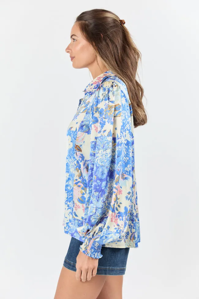 I've Been Waiting Blue Floral Patch Print Satin Button Down Blouse FINAL SALE sold by Pink Lily product image thumbnail 5
