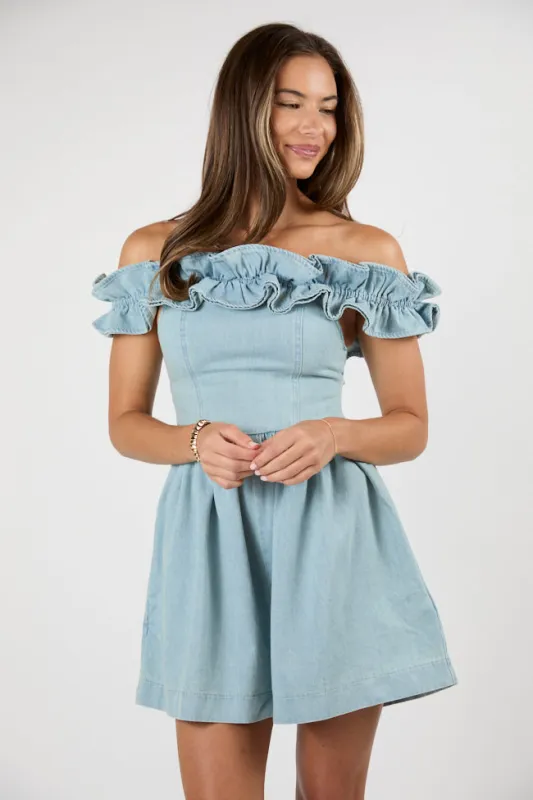 Blue Jean Queen Denim Off The Shoulder Dress made by Peach Love California