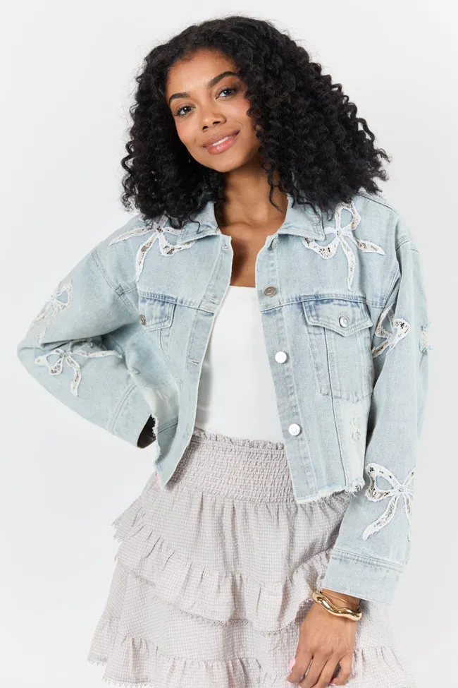 Seasonal Ties Light Wash Bow Detail Denim Jacket sold by Pink Lily