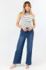 Twilight Tides Ivory and Navy Stripe Twisted Off The Shoulder Knit Top sold by Pink Lily