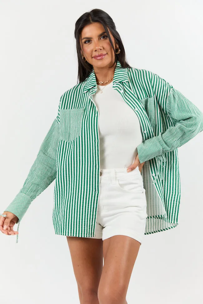 Daybreak Dreams Green Gauze Multi Stripe Button Down Top sold by Pink Lily