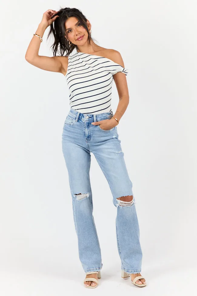 Jess Medium Wash High Waisted Distressed Straight Leg Jeans sold by Pink Lily product image thumbnail 2