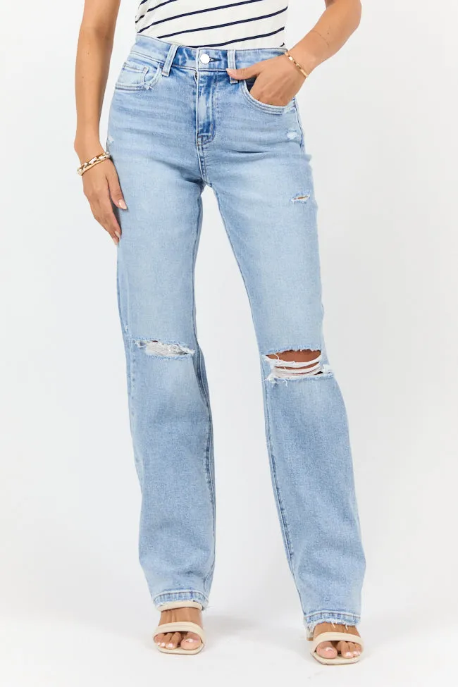 Jess Medium Wash High Waisted Distressed Straight Leg Jeans sold by Pink Lily