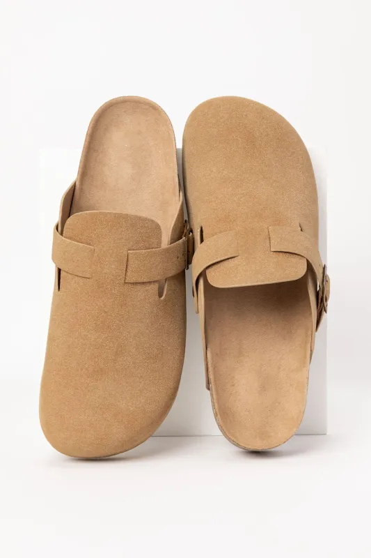 Elyse Suede Taupe Clog sold by Pink Lily