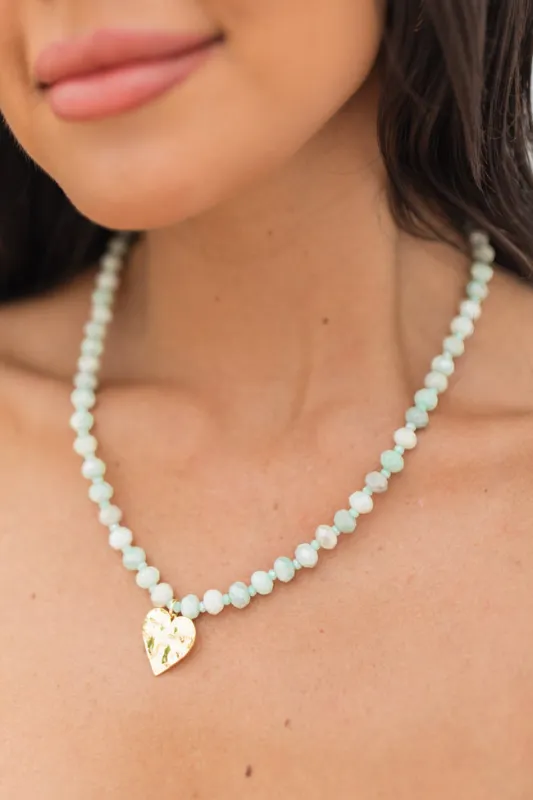 Light Turquoise Glass Beaded Necklace with Heart Charm SALE sold by Pink Lily