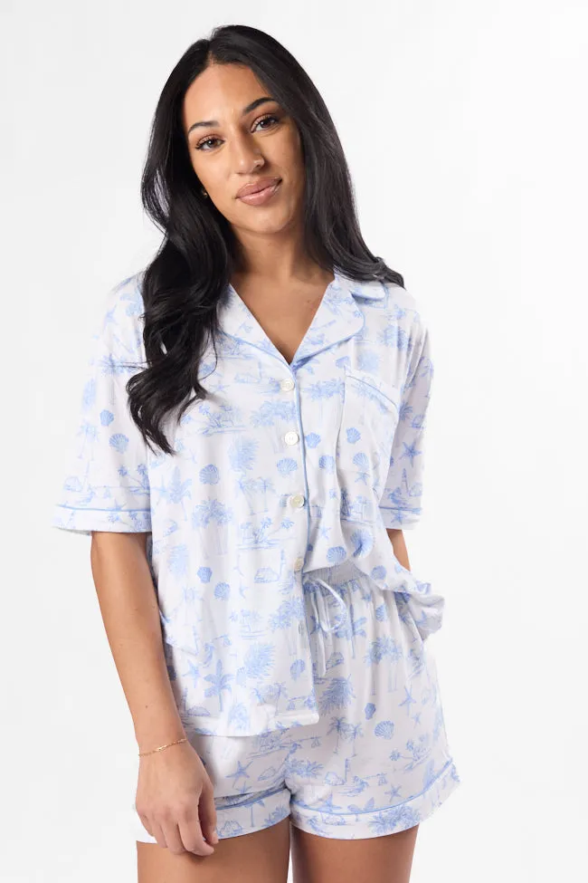 Under the Stars Blue Coastal Toile Short Sleeve Pajama Top FINAL SALE sold by Pink Lily