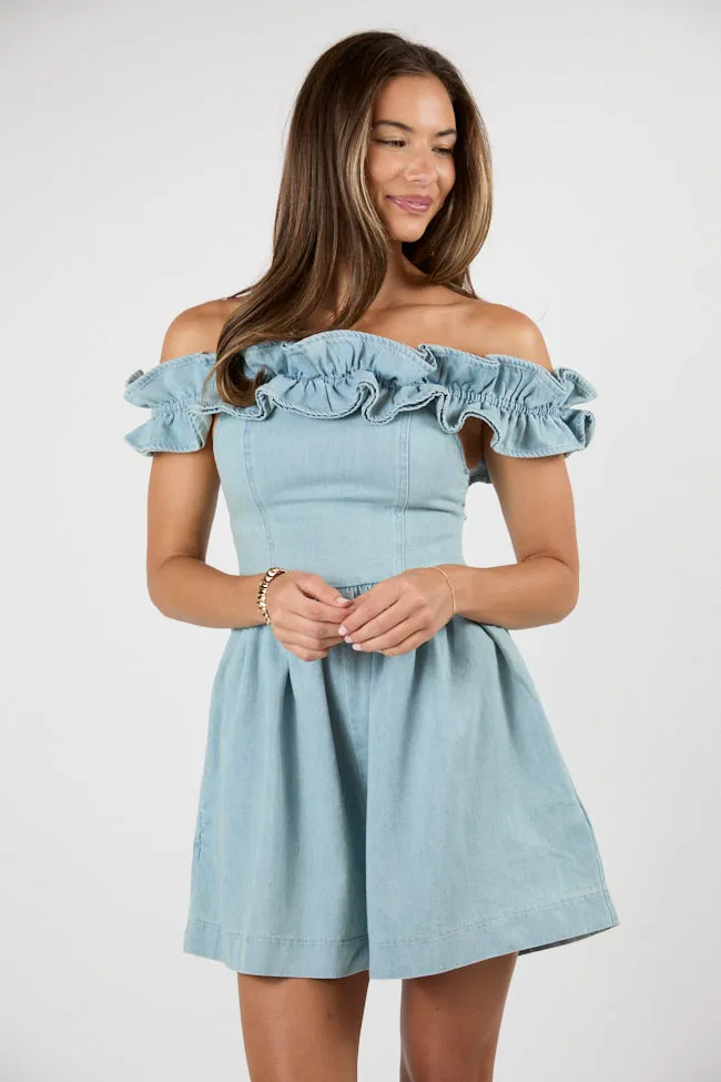 Blue Jean Queen Off The Shoulder Denim Romper sold by Pink Lily