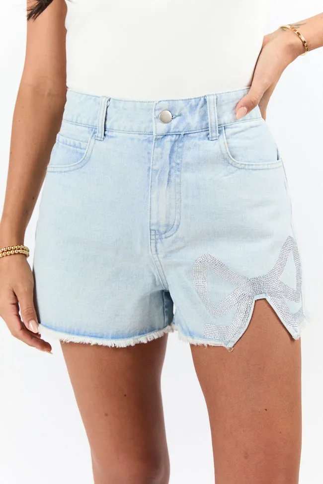 Dainty Dreams Light Wash Embellished Bow Denim Shorts FINAL SALE sold by Pink Lily