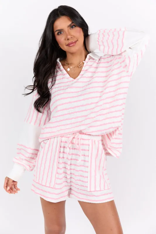 Lazy Days Long Sleeve Striped Pink and White Lounge Top sold by Pink Lily