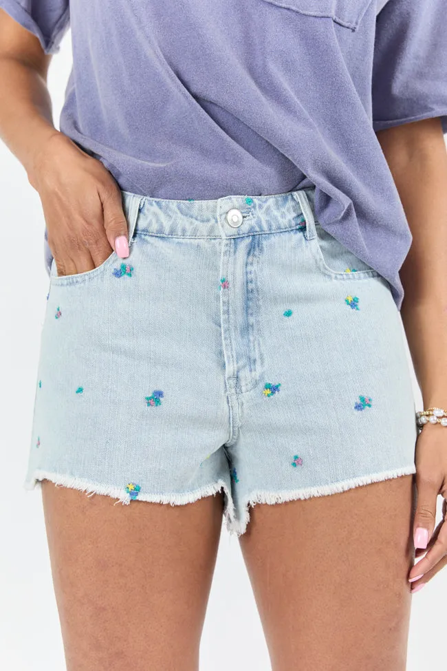 Faded Gardens Light Wash Floral Embroidered Denim Shorts FINAL SALE sold by Pink Lily