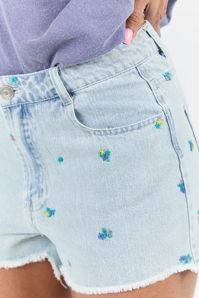 Faded Gardens Light Wash Floral Embroidered Denim Shorts FINAL SALE sold by Pink Lily product image thumbnail 2