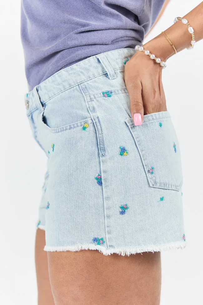 Faded Gardens Light Wash Floral Embroidered Denim Shorts FINAL SALE sold by Pink Lily product image thumbnail 4