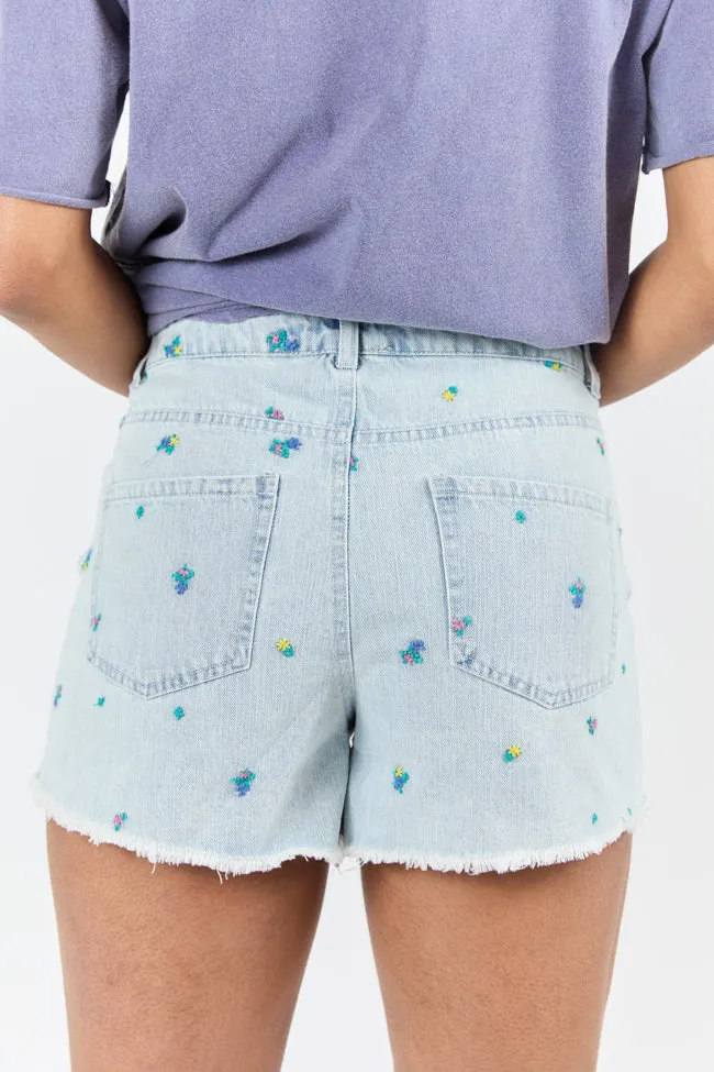 Faded Gardens Light Wash Floral Embroidered Denim Shorts FINAL SALE sold by Pink Lily product image thumbnail 5