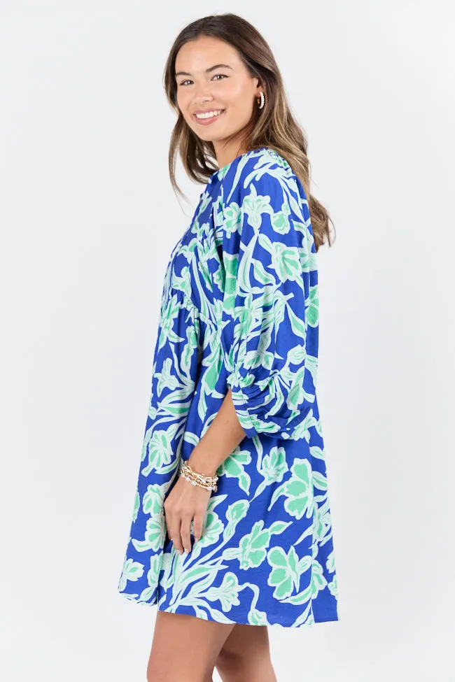 Keep The Flowers Blue and Green Floral Print Long Sleeve Mini Dress FINAL SALE sold by Pink Lily product image thumbnail 4