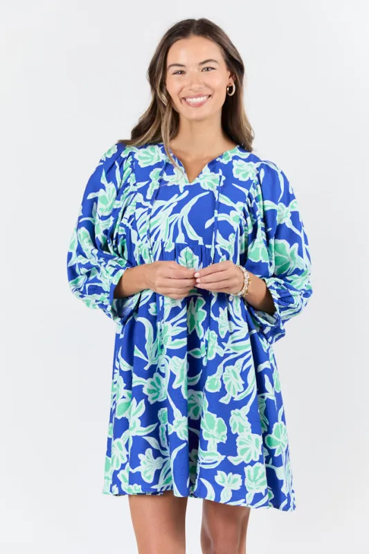 Keep The Flowers Blue and Green Floral Print Long Sleeve Mini Dress sold by Pink Lily