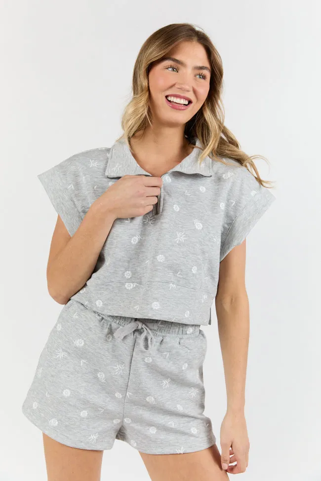 What A Catch Grey Floral Embroidered Half Zip Top FINAL SALE sold by Pink Lily