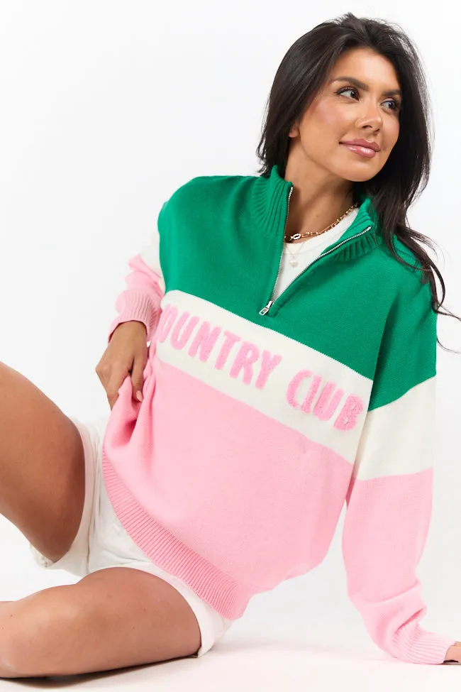 Country Club Green and Pink Multi Color Block Quarter Zip Sweater FINAL SALE sold by Pink Lily