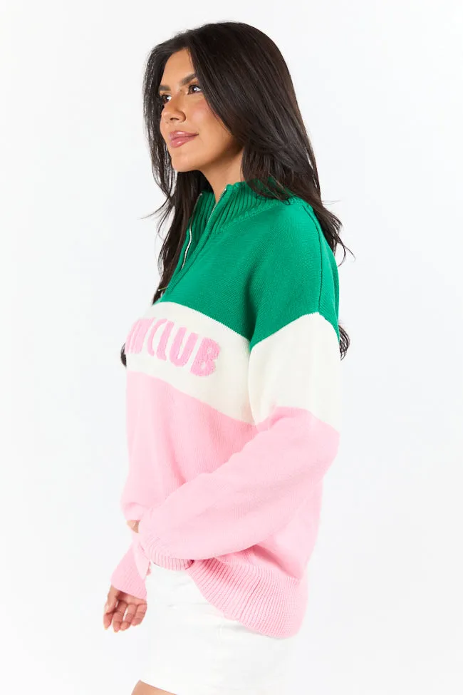 Country Club Green and Pink Multi Color Block Quarter Zip Sweater FINAL SALE sold by Pink Lily product image thumbnail 5