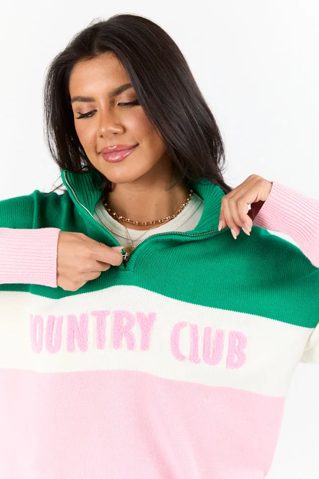 Country Club Green and Pink Multi Color Block Quarter Zip Sweater FINAL SALE sold by Pink Lily product image thumbnail 3
