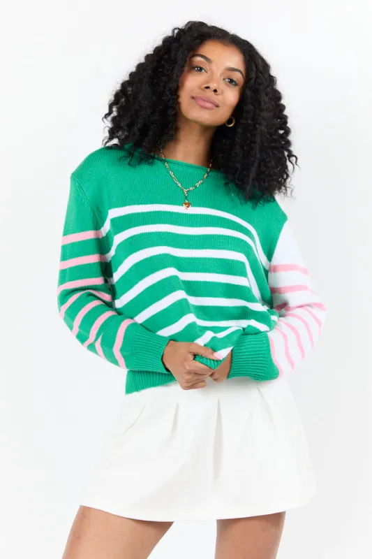 Coastal Prep Green and Pink Color Block Crew Neck Sweater sold by Pink Lily