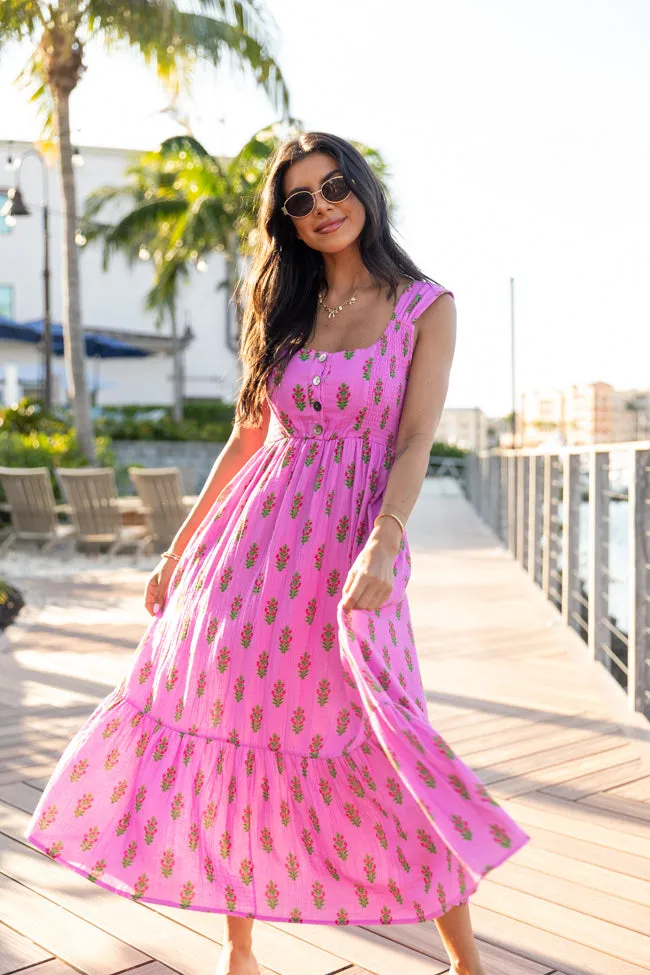 Carolina Waves Fuchsia Block Floral Midi Dress sold by Pink Lily