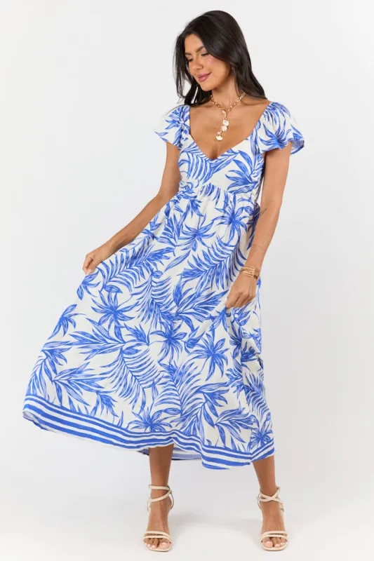 Palm Oasis Blue and White Leaf Printed Midi Dress FINAL SALE sold by Pink Lily