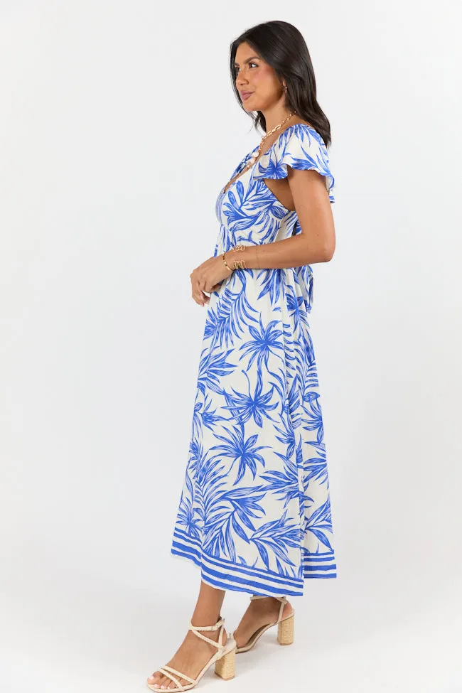 Palm Oasis Blue and White Leaf Printed Midi Dress sold by Pink Lily product image thumbnail 5