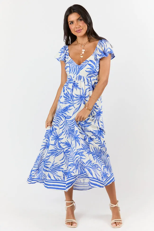 Palm Oasis Blue and White Leaf Printed Midi Dress sold by Pink Lily product image thumbnail 4