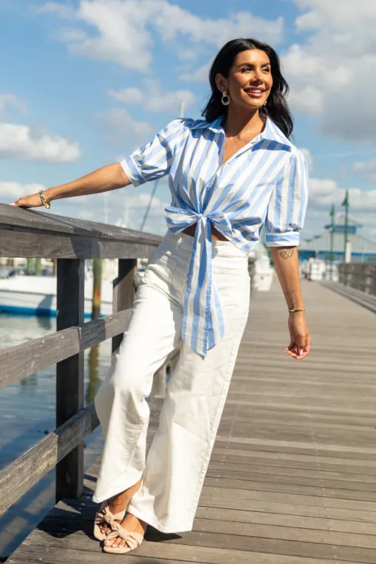 Key To Style Blue Striped Tie Front Collared Blouse sold by Pink Lily