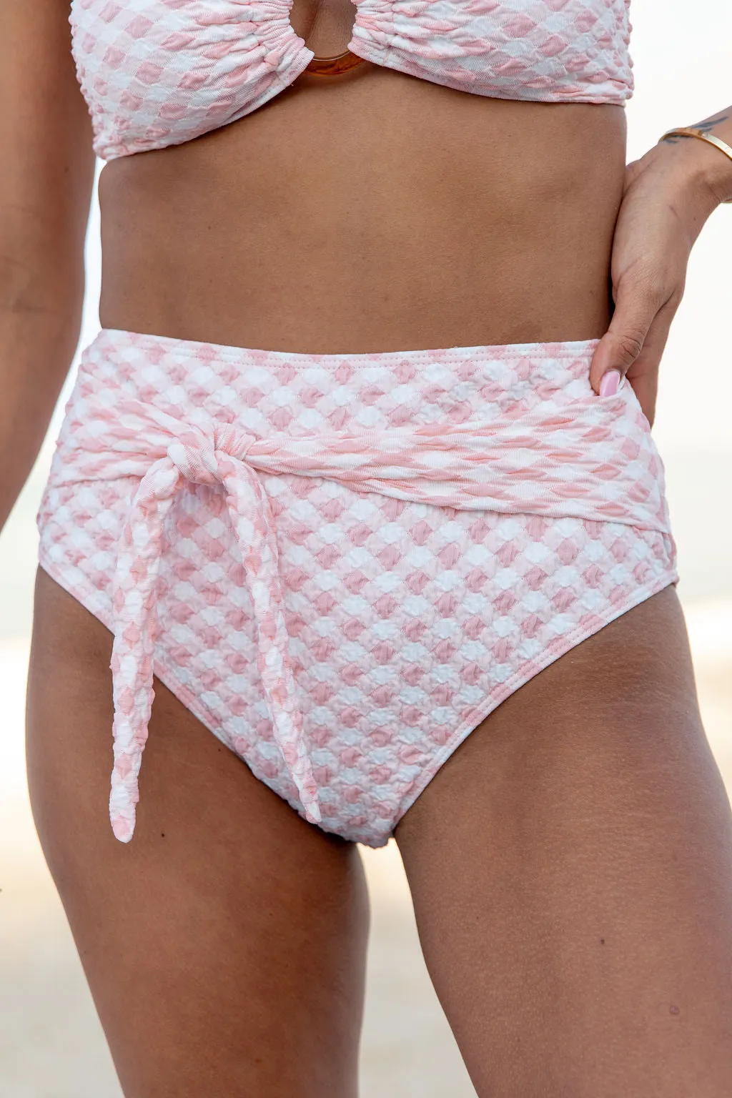 Golden Isle Pink Textured Tie Detail Bikini Bottom SALE sold by Pink Lily
