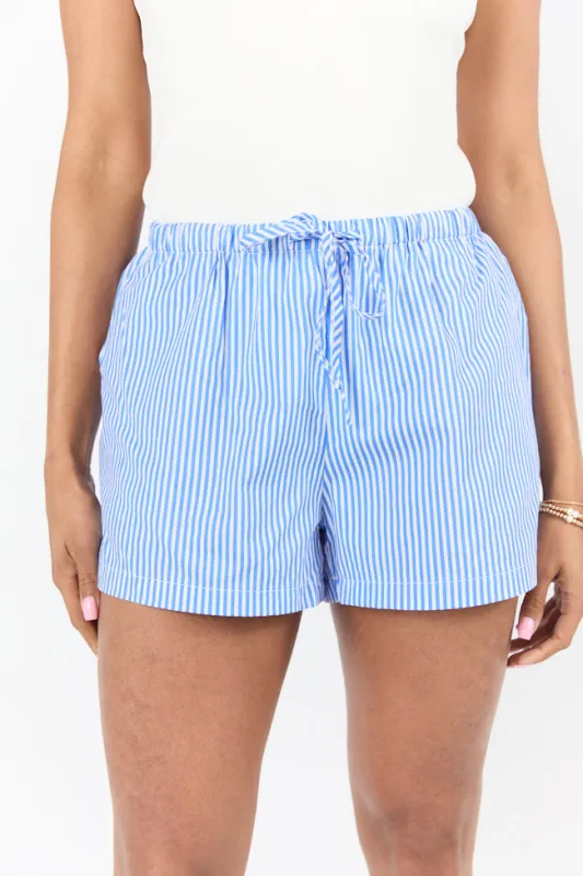 Never Leave Navy Striped Drawstring Shorts sold by Pink Lily